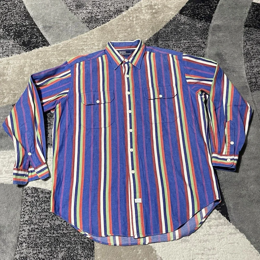 VTG Polo‎ Ralph Lauren Shirt Men Medium Blue Red Stripe Western Y2K Preppy